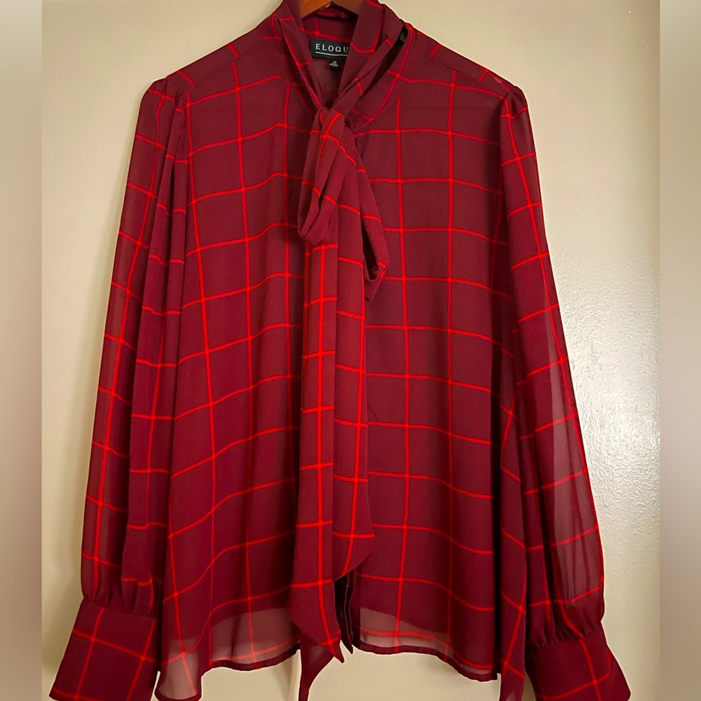 Eloquii Chiffon Bow Blouse in Red